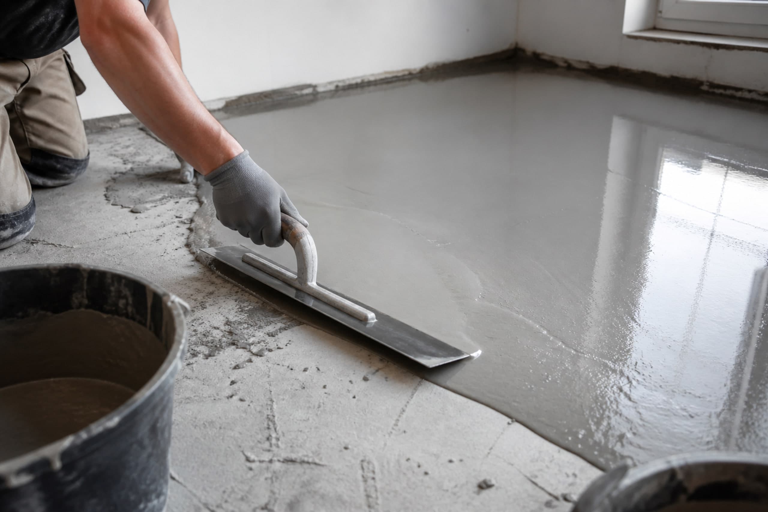 Ausgleichsmasse wird mit der Glättkelle auf dem Estrich verteilt