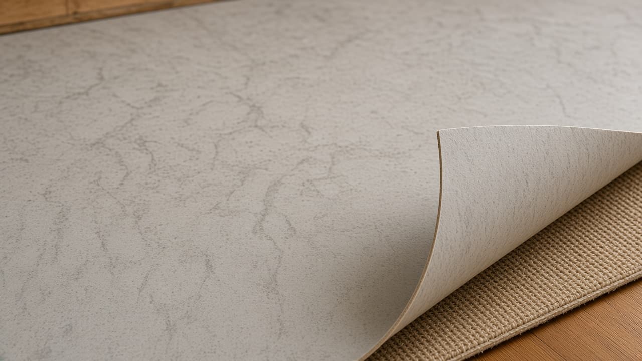 Marmoriertes Linoleum mit angehobener Ecke und Jute-Rückseite